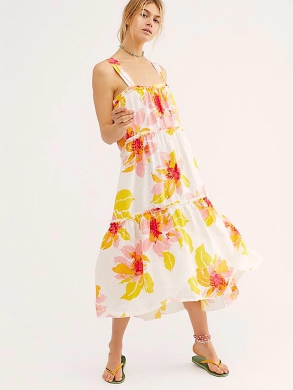 Free People Moonshine Linen Blend Sundress Floral Tiered Women's XS Yellow - Picture 2 of 9